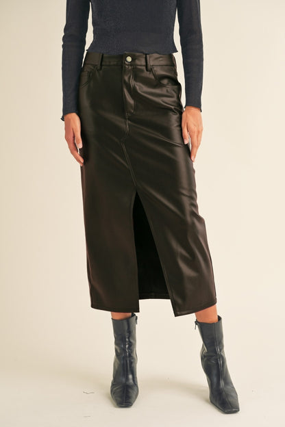 Front Slit Faux Leather Skirt