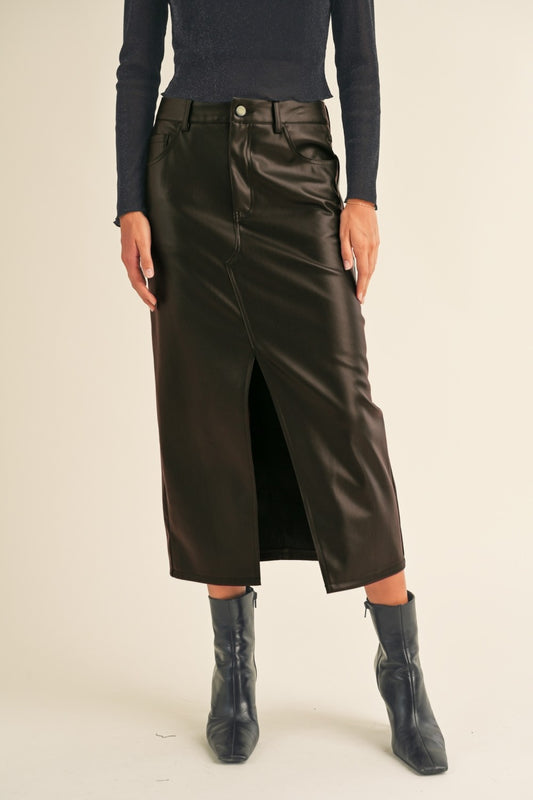 Front Slit Faux Leather Skirt