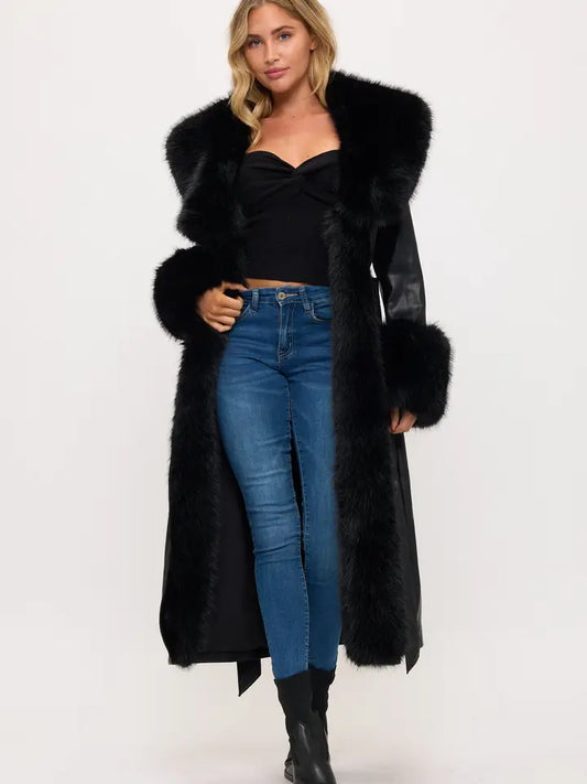 Faux Leather & Fur Trim - Black
