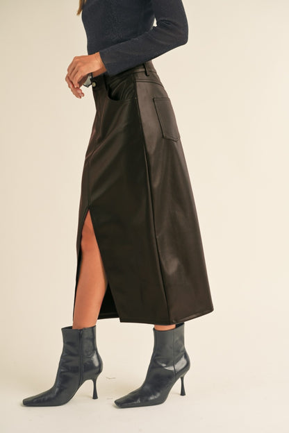 Front Slit Faux Leather Skirt