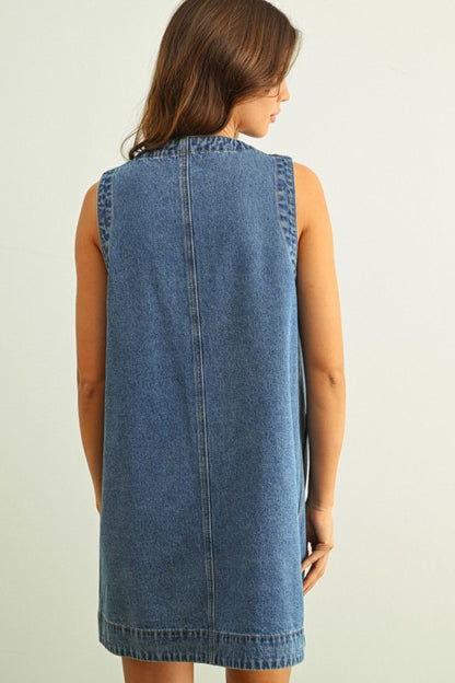Sleeveless Button Front True Denim Dress - BIRD BEE