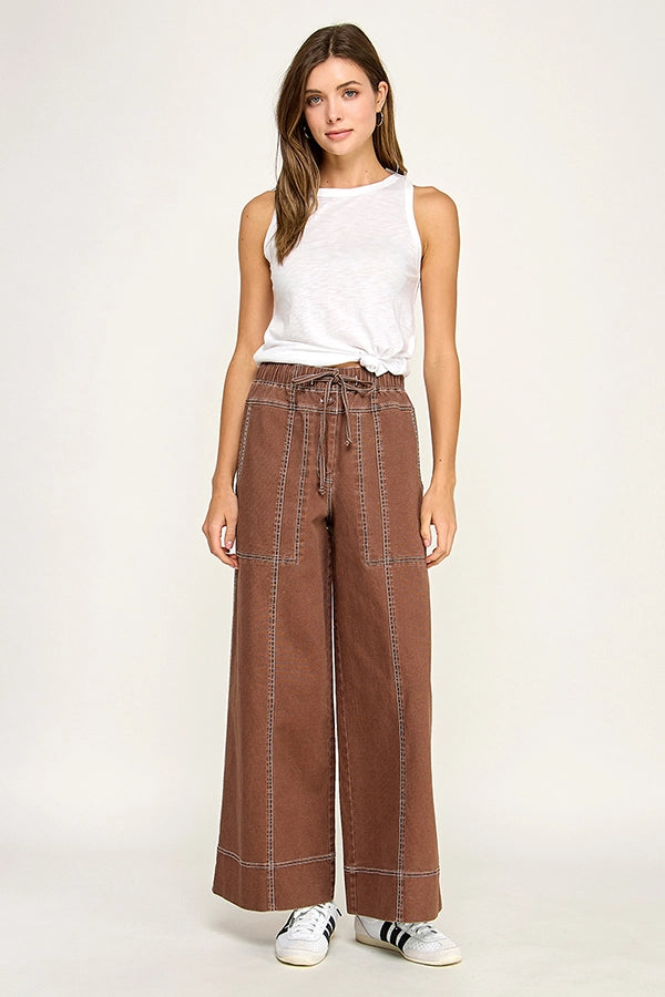Cotton Twill Wide Leg Pant - Brown