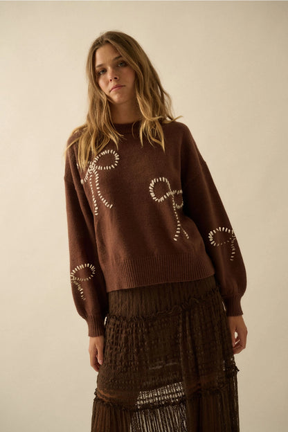 Bow Embroidered Sweater - Brown