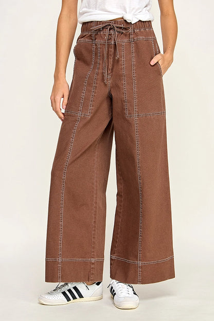 Cotton Twill Wide Leg Pant - Brown