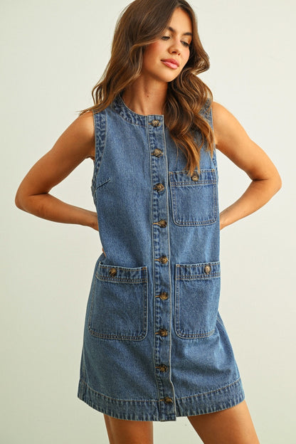 Sleeveless Button Front True Denim Dress - BIRD BEE