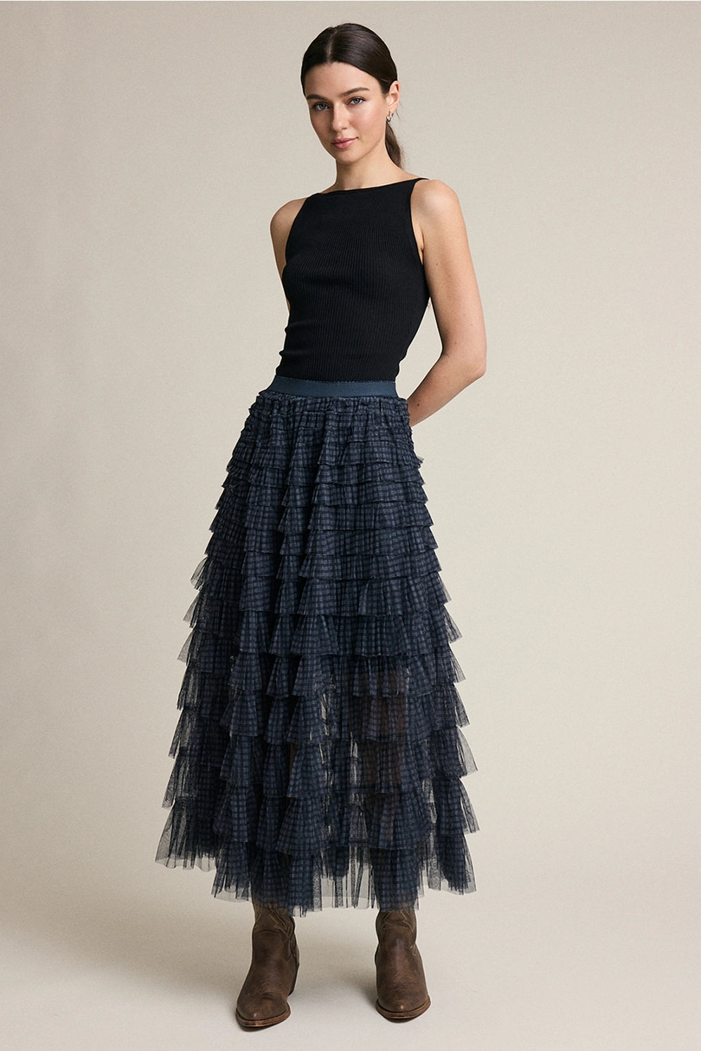 Lyla Plaid Mesh Ruffle Skirt