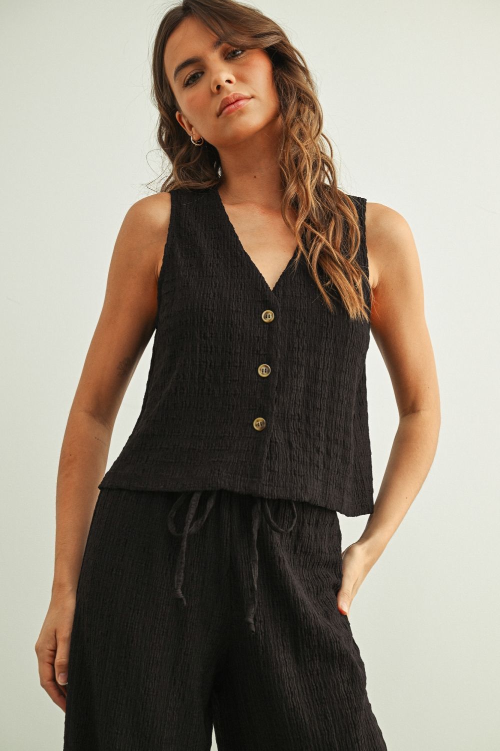 Crinkle Button Front Tank
