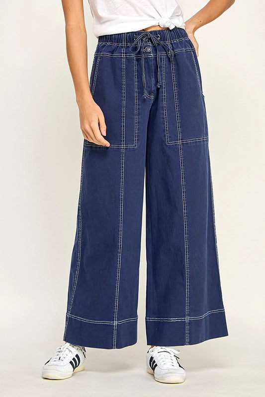Cotton Twill Wide Leg Pant - Navy