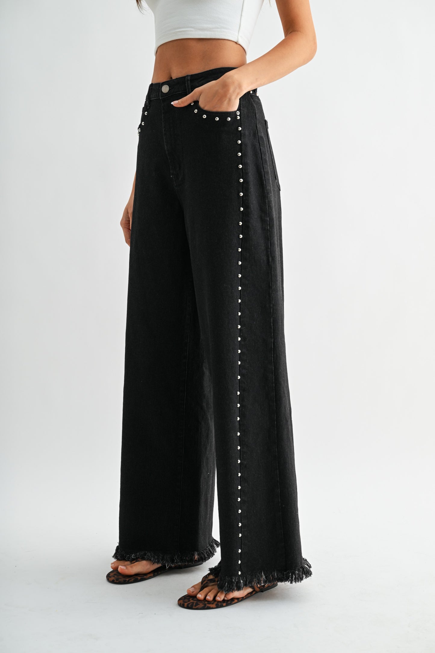 Wide Leg Denim Stud Pant