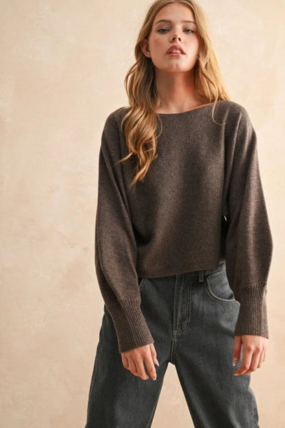 Boat Neck Sweater Top - Brown
