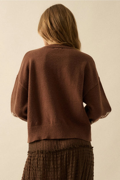 Bow Embroidered Sweater - Brown
