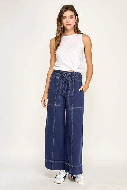 Cotton Twill Wide Leg Pant - Navy