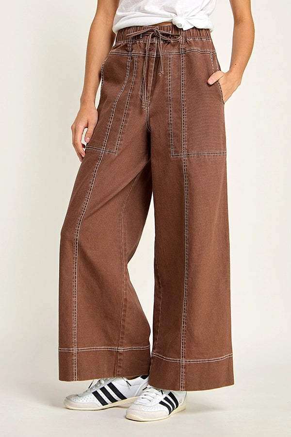 Cotton Twill Wide Leg Pant - Brown