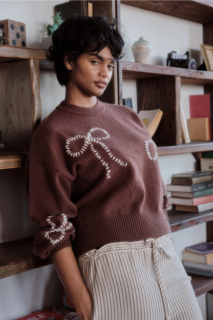 Bow Embroidered Sweater - Brown