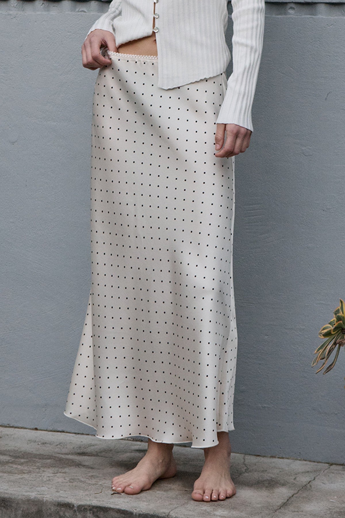 Polka Dot Satin Midi Skirt - BIRD BEE