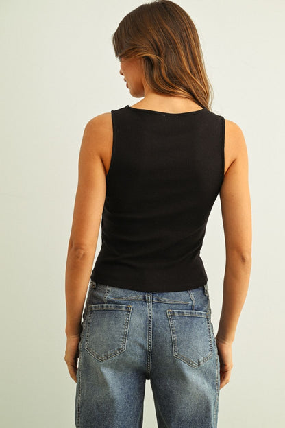 Ribbed Button Tank- Black - BIRD BEE