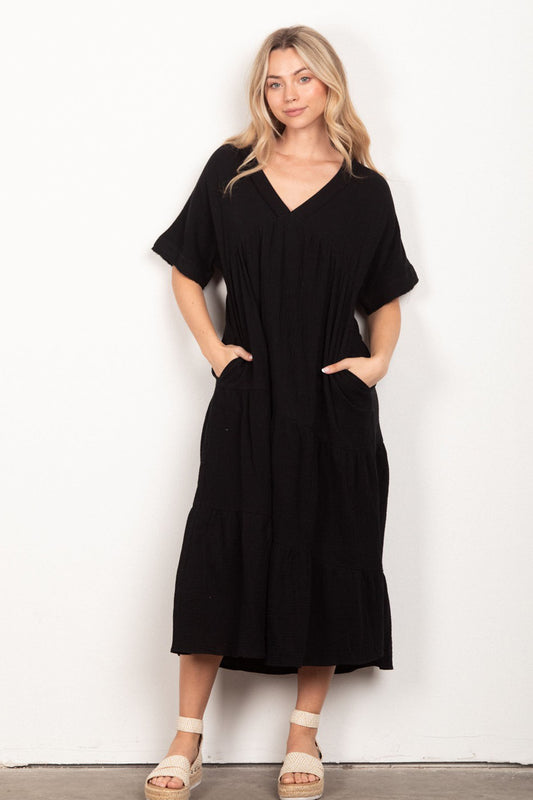 Gabbi Gauze Midi Dress - Black