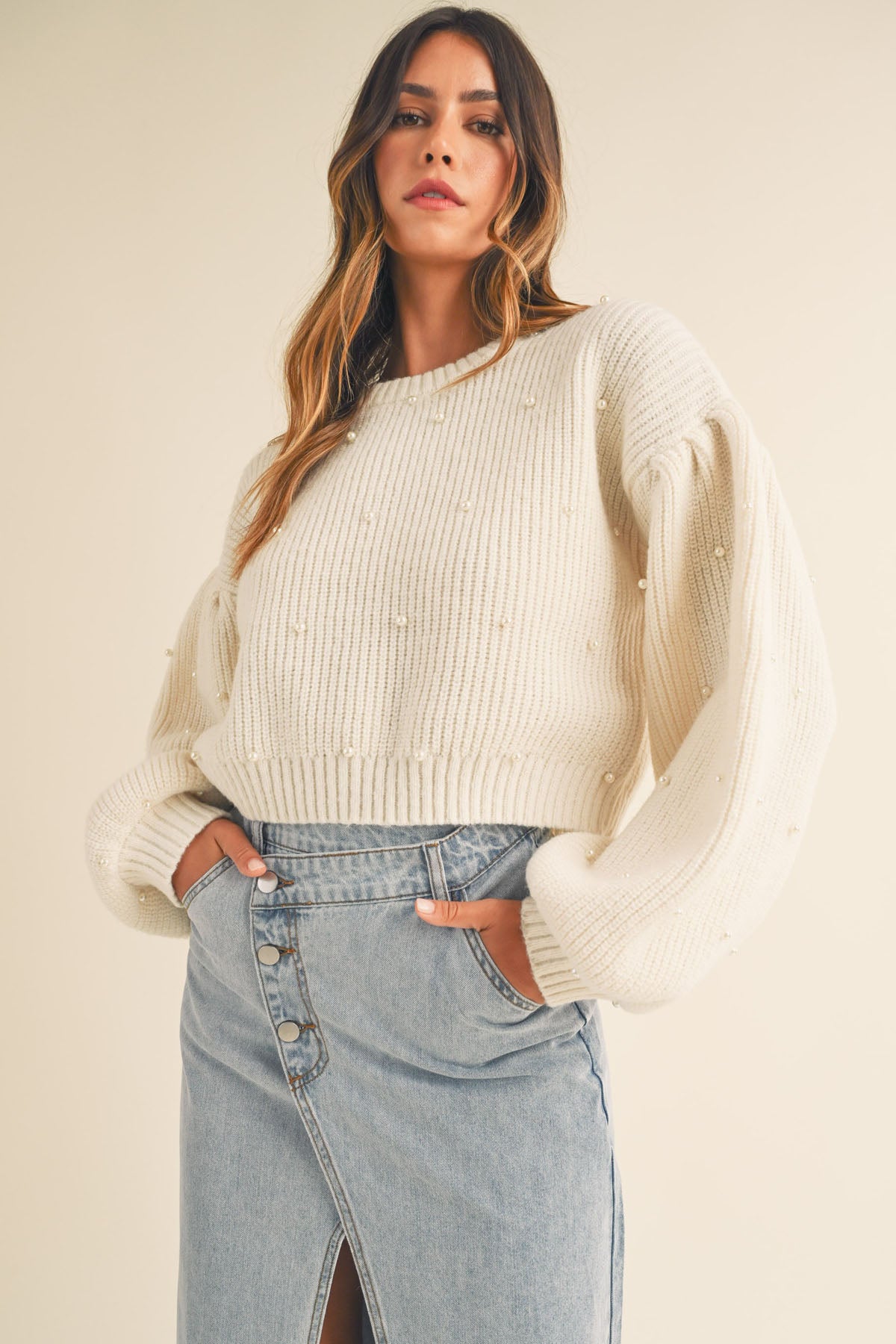 Charlotte Pearl Beaded Sweater - Cream